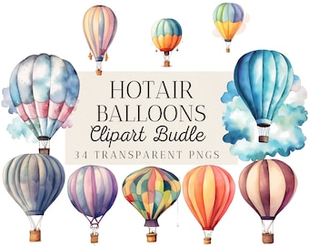 34 Watercolor Hot Air Balloon Clipart Bundle, Airplane clipart, Travel, Stars, Clouds, Flag, Nursery Decor, Commercial Use, Instant Download