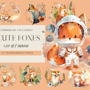 24 Cute Fox Watercolor Clipart Bundle, Baby Animal Transparent PNGs, Woodland Animals, Fox Illustration, commercial use, instant download