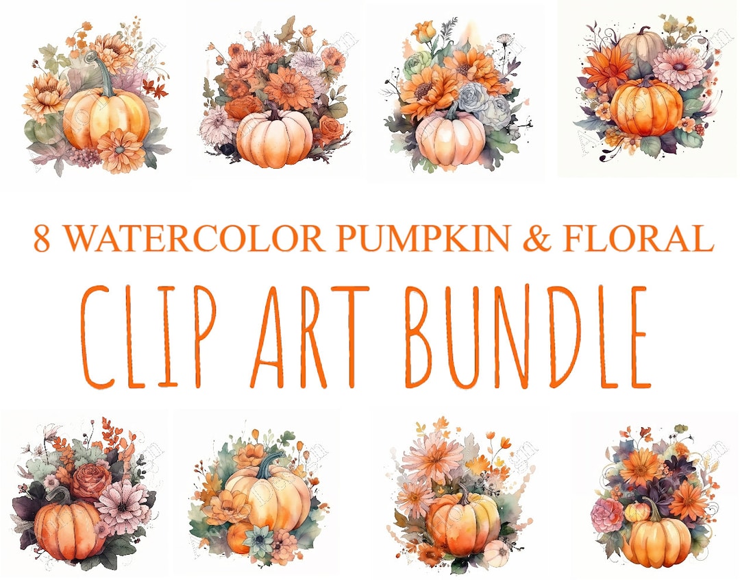 Watercolor Pumpkin and Floral Clip Art Bundle - 8 Painted Images for ...