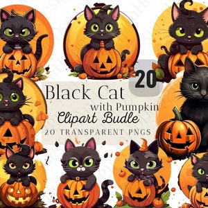 20 Halloween Black Cat with Pumpkins Clipart Bundle, Kitten, Spooky Halloween, Scrapbook, Paper Crafts, PNG, SVG, Digital, Instant Download