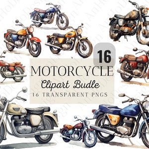 16 Pacchetto di clipart per motociclette ad acquerello, PNG per motociclette, arte, motociclette vintage, clipart per album, sublimazione, download digitale