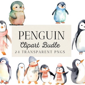 Paquete de imágenes prediseñadas de 24 pingüinos de acuarela, especies de pingüinos, animales árticos, pingüino bebé, suministros creativos, descarga instantánea, uso comercial