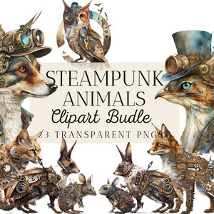 23 Steampunk Animal Clipart Bundle, Steampunk Animal Ephemera, Fantasy Steampunk Animal PNG Bundle, Descarga instantánea, Uso comercial