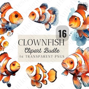 16 Watercolor Clownfish Clipart Bundle, Underwater Creatures, Ocean Animals, Fish PNG, Sublimation PNG, Digital Download, Commercial Use