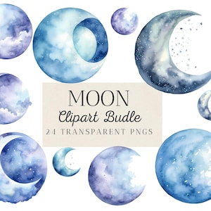 24 Watercolor Moon Clipart Bundle, PNG, SVG, Transparent, Commercial Use, Instant Download, Digital, Printable, Scrapbooking, Junk Journal