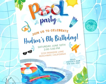 Editable Pool Party Invitation ANY AGE Pool Party Birthday Invitation Tropical Splish Splash Pool Float Colorful Boy Instant Download PPBD