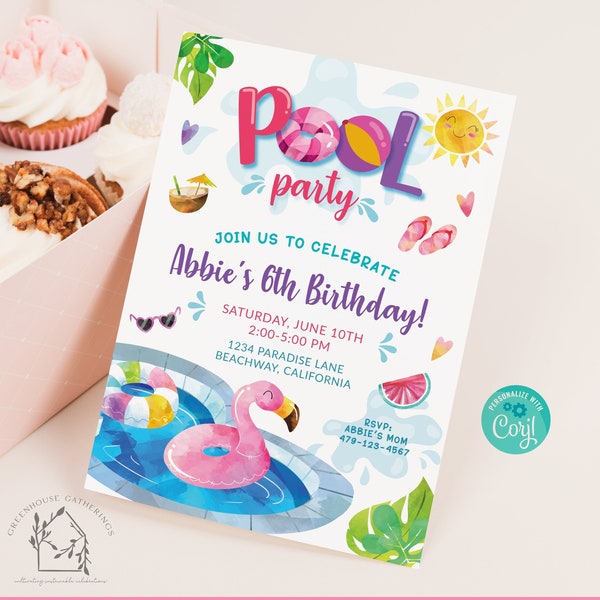 Editable Pool Party Invitation ANY AGE Pool Party Birthday Invitation Tropical Splish Splash Pool Float Colorful Pink Instant Download PPBD