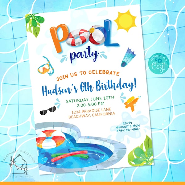 Editable Pool Party Invitation ANY AGE Pool Party Birthday Invitation Tropical Splish Splash Pool Float Colorful Boy Instant Download PPBD