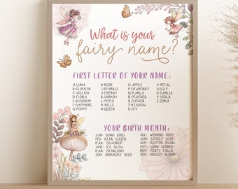 May include: A printable chart with a pink background and a whimsical fairy theme. The chart features a list of fairy names based on the first letter of a person's name and their birth month. The text "What is your fairy name?" is at the top of the chart. The text "SOLD AS IS - NOT EDITABLE" and "INSTANT DOWNLOAD - READY TO PRINT" is at the bottom of the chart.