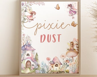 May include: A printable nursery art print with a whimsical illustration of a fairy village with mushrooms, flowers, and the text "pixie dust" in pink and brown lettering.