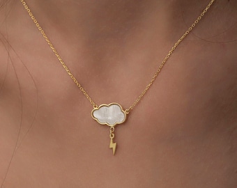 14K Gold Mother of Pearl Cloud Necklace: Celestial Jewelry Gift