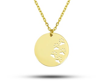 Custom 14k Solid Gold Pet Paw Print Disc Necklace, Handmade Animal Lover Jewelry, Engravable Dog or Cat Keepsake, Birthday Memorial Pendant