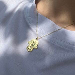 Collar personalizado con letra de mano de Fátima en oro de 14 quilates, joyería Hamsa personalizada, colgante religioso de fe, amuleto de protección, regalo para él y para ella