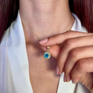 14k Solid Gold Evil Eye Necklace, Round Turquoise Evil Eye Pendant, Dainty Protection Necklace, Evil Eye Jewelry, Gift For Mom, Babcia