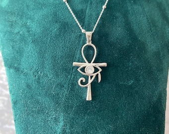 Elegant Ankh Necklace with Eye of Horus Pendant, 925k Sterling Silver Mystical Jewelry, Artistic Accessory, Protection Charm, Gift for Her