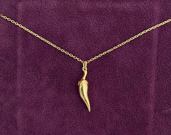 14K Gold Anhänger Italienisches Horn Halskette: Mittelmeer Cornicello Schutz