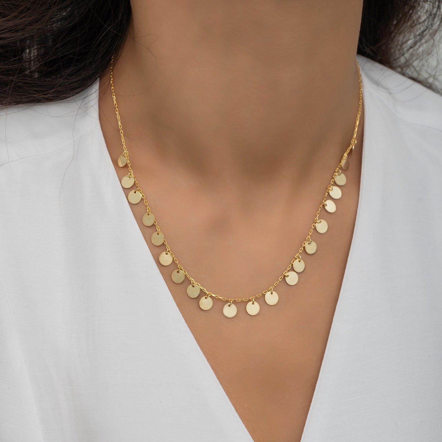 14K Real Gold Sequin Necklace, Elegant Round Disc Pendant, Chain for Women, Stackable Jewelry for Anniversary and Wedding, Birthday Present