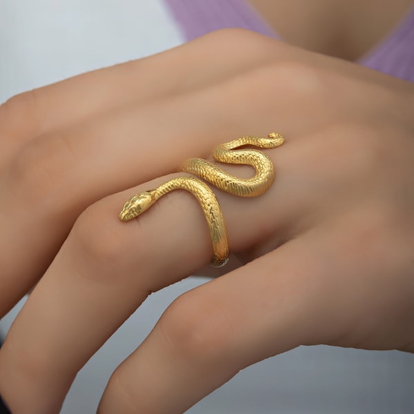 Dainty 14k Solid Gold Snake Ring, Handmade Finger Serpent Band for Women, Open Adjustable Snake Ring, Gothic Snake Jewelry Gift For Her