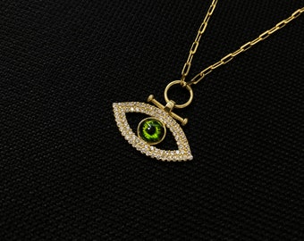 14k Gold Diamond Green Evil Eye Necklace: Talisman Protection Jewelry