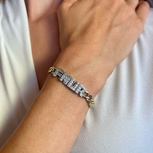 Pulsera personalizada con nombre en oro real de 14 quilates, pulsera con nombre personalizado con diamantes pavé, cadena gruesa de eslabones cubanos, elegante regalo de cumpleaños