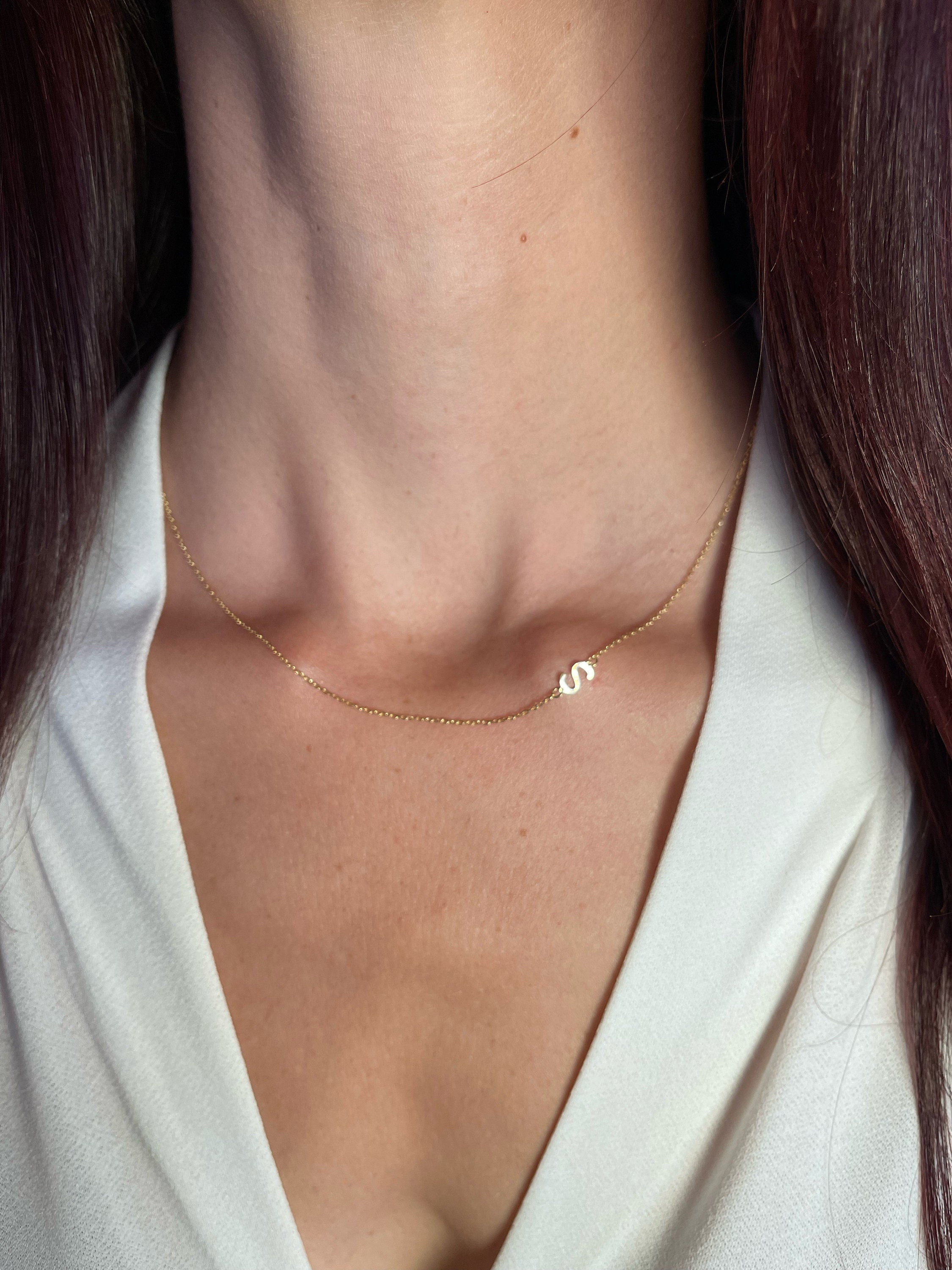 A-Z 14K Solid Gold Sideways Initial Necklace, Handmade Small