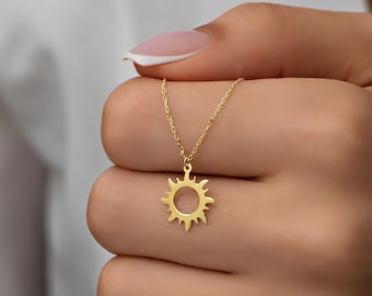 14K Gold Pave Sun Necklace: Dainty Sunburst Celestial Jewelry