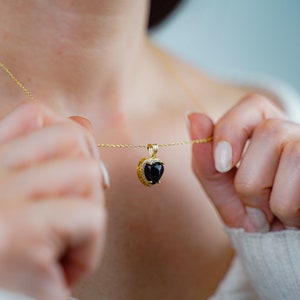 14K Real Gold Black Onyx Heart Necklace, Dainty Black Onyx Charm, Layering Black Stone Heart Pendant, Trendy Onyx Jewelry, Best Friend Gift