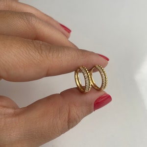 Solid 14K Gold Diamond Huggie Hoops, Small Dainty Hoop Earrings, Mini Half Eternity Hoops, Minimalist Earrings, Bridesmaid Gift For Her