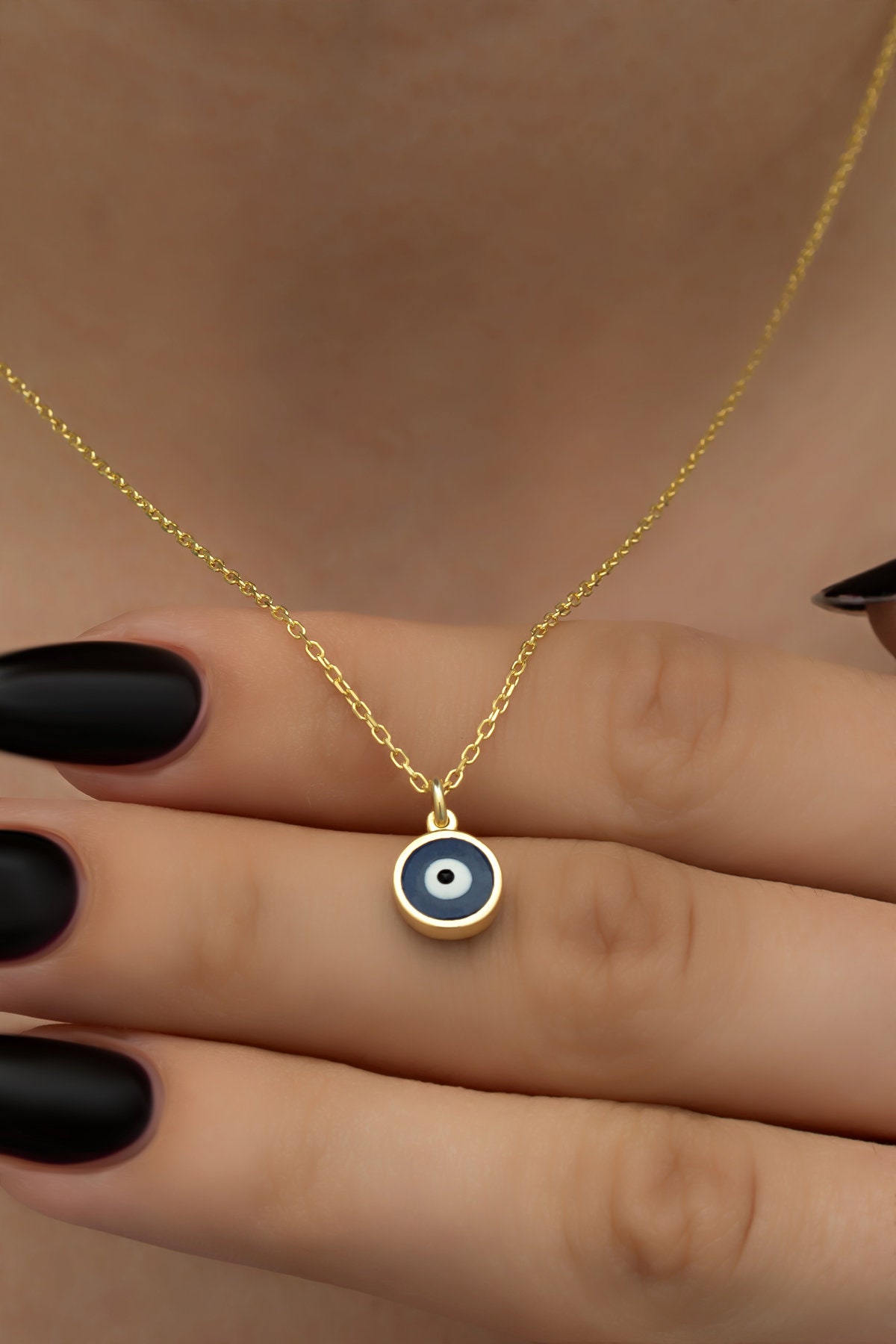 14K Gold Turkish Evil Eye Necklace: Nazar Blue Protection Pendant