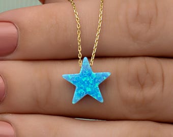 14k Gold Opal Star Necklace: Handmade Celestial Pendant, October Birthstone