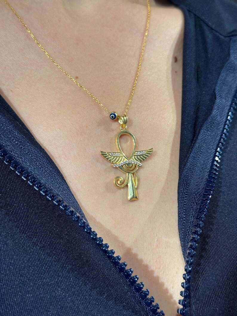 Egyptianinspired Ankh Necklace With Wings and Crystal Accents, 925k