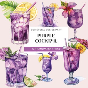 Pacchetto cocktail tropicale viola dell'acquerello Clipart Party Cocktails Cocktail di frutta vegani