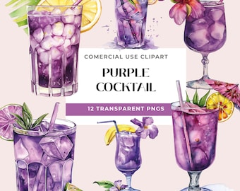 Op de afbeelding: Waterverfillustraties van paarse cocktails met ijs, garnering en rietjes. De afbeelding bevat de tekst "PURPLE COCKTAIL" en "12 TRANSPARENT PNGS". De cocktails zijn versierd met citroen, bloemen en limoen.