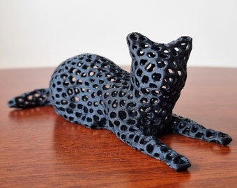 Estátua de escultura de gato Voronoi decoração de casa | Gatinho deitado | Silhueta de gatinho descansando | Arte de mesa de escritório | Presente para pessoa/amante de gatos