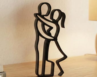 Escultura minimalista de casal se abraçando | Estátua moderna em silhueta preta com arte linear | Presente romântico de aniversário, decoração para prateleira, presente de casamento