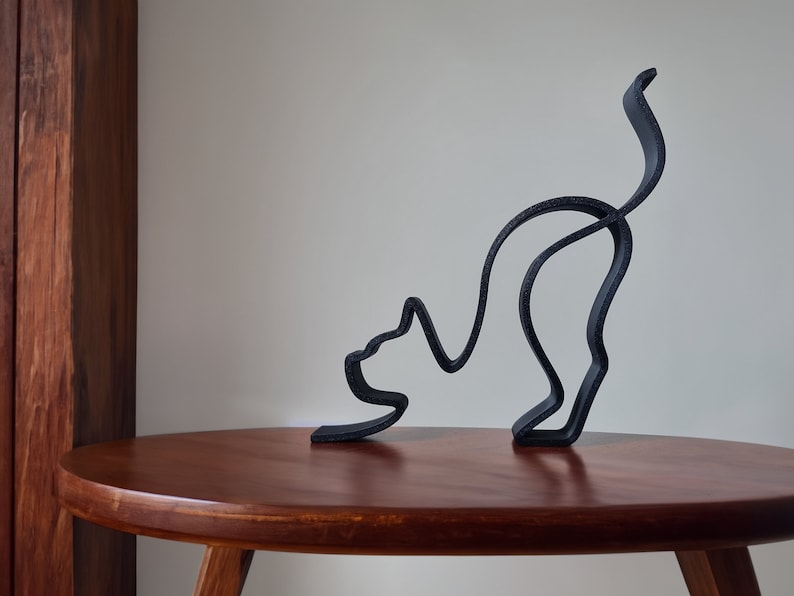 Cat Minimalistic Sculpture Wire Framed Style Stretching Kitten Resting Kitty Silhouette Home Decoration Side Table Statue Decor image 1