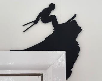 Skier Jumping Door Topper Decoration | Skiing Downhill Decor / Wall Art | Skiers Stunt On Top Corner of Door Frame | Gift for Snow Boarding