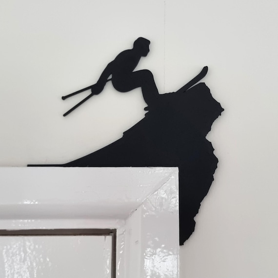 Skier Jumping Door Topper Decoration | Skiing Downhill Decor / Wall Art | Skiers Stunt On Top Corner of Door Frame | Gift for Snow Boarding