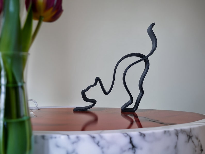 Cat Minimalistic Sculpture Wire Framed Style Stretching Kitten Resting Kitty Silhouette Home Decoration Side Table Statue Decor image 4