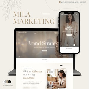 May include: A laptop and a smartphone displaying the Mila Marketing website interface. The screens feature brand strategy content, marketing text, and imagery in a neutral colour palette. The design includes serif typography and a clean layout.