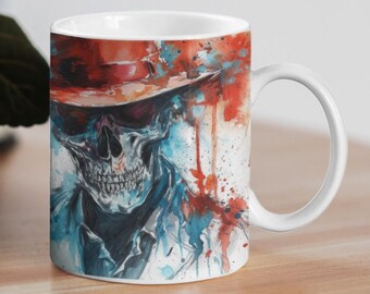 Skull with Hat Watercolor Mug - Mystical Design Mug - 330ml/440ml for Gothic lovers and art fans