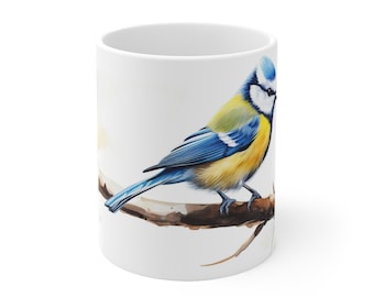 Blue Tit Watercolor Mug - Charming Bird Design Mug - 330ml/440ml for Birdwatchers and Nature Lovers
