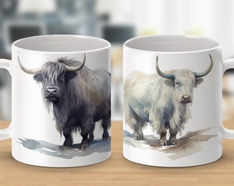 Yak/Longhorn Watercolor Mug - Majestic Mountain Animal Design Mug - 330ml/440ml for animal lovers and nature enthusiasts