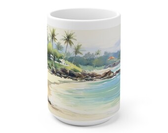 Mok met palmboommotief in aquarel, cadeau voor een collega, koffiemok met palmboommotief