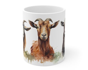 White Ceramic Mug with Goat Motif - Watercolor Farm Mug - 330ml or 440ml