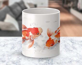 Weiße Tasse mit Orange Koi Fisch Aquarell-Print | 330ml | 440 ml | Perfektes Geschenk für Koi und Fischliebhaber