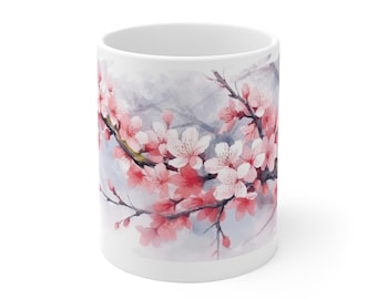 Mok met kersenbloesemmotief in aquarel - Lentebloemmotief - Verkrijgbaar in 330 ml/440 ml voor bloemenliefhebbers en romantici.