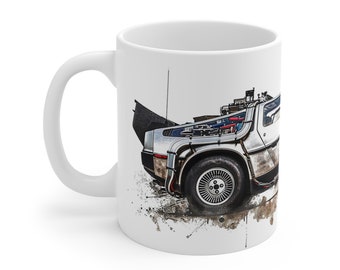 DeLorean Watercolor Mug - Time Travel Movie Car Design Mug - 330ml/440ml for Film Fans and Sci-Fi Lovers