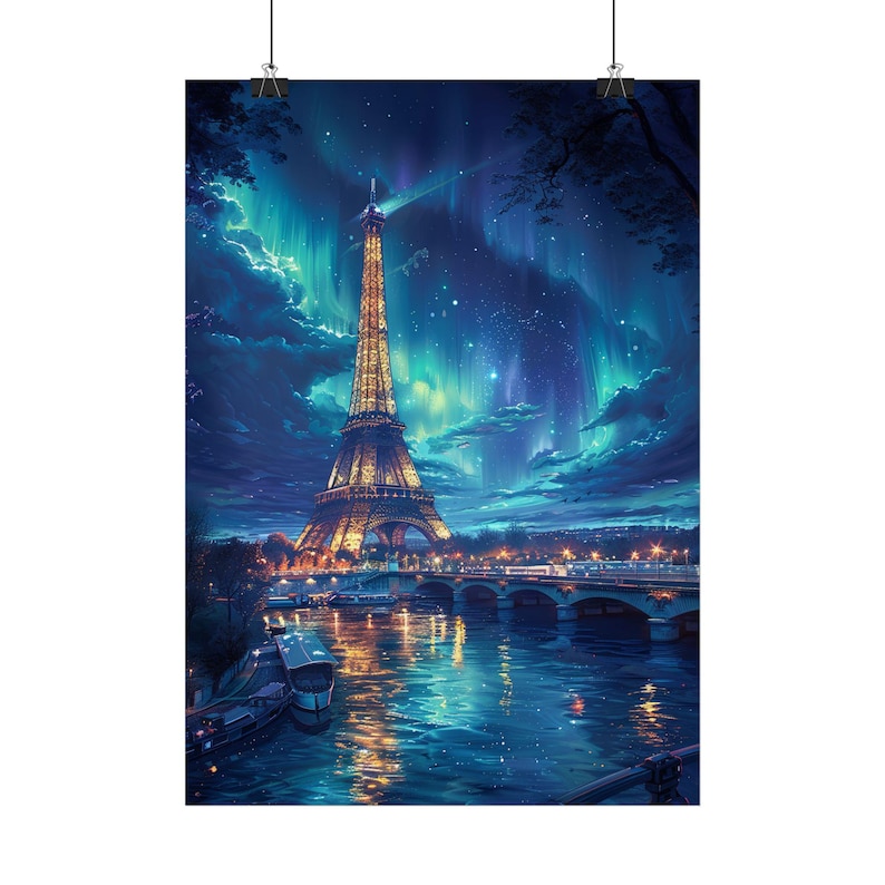 Eiffel Tower at Night Under Northern Lights Watercolor Art Poster, 4