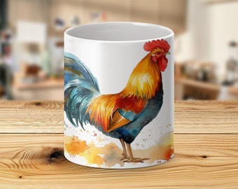 Watercolor Proud Rooster Mug - Ceramic, Microwave Safe, 330ml/440ml, Colorful Design